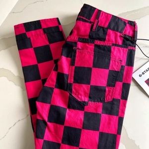 G-STAR RAW BOYFRIEND JEANS PINK BLACK CHECKERED PRINT BIKER CHIC STREET STYLE